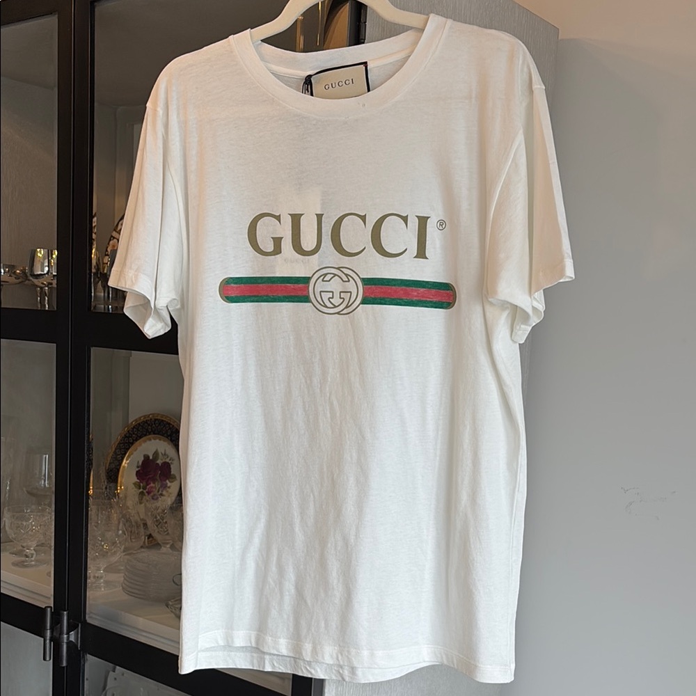 Gucci White Tee with Green and Red Logo
